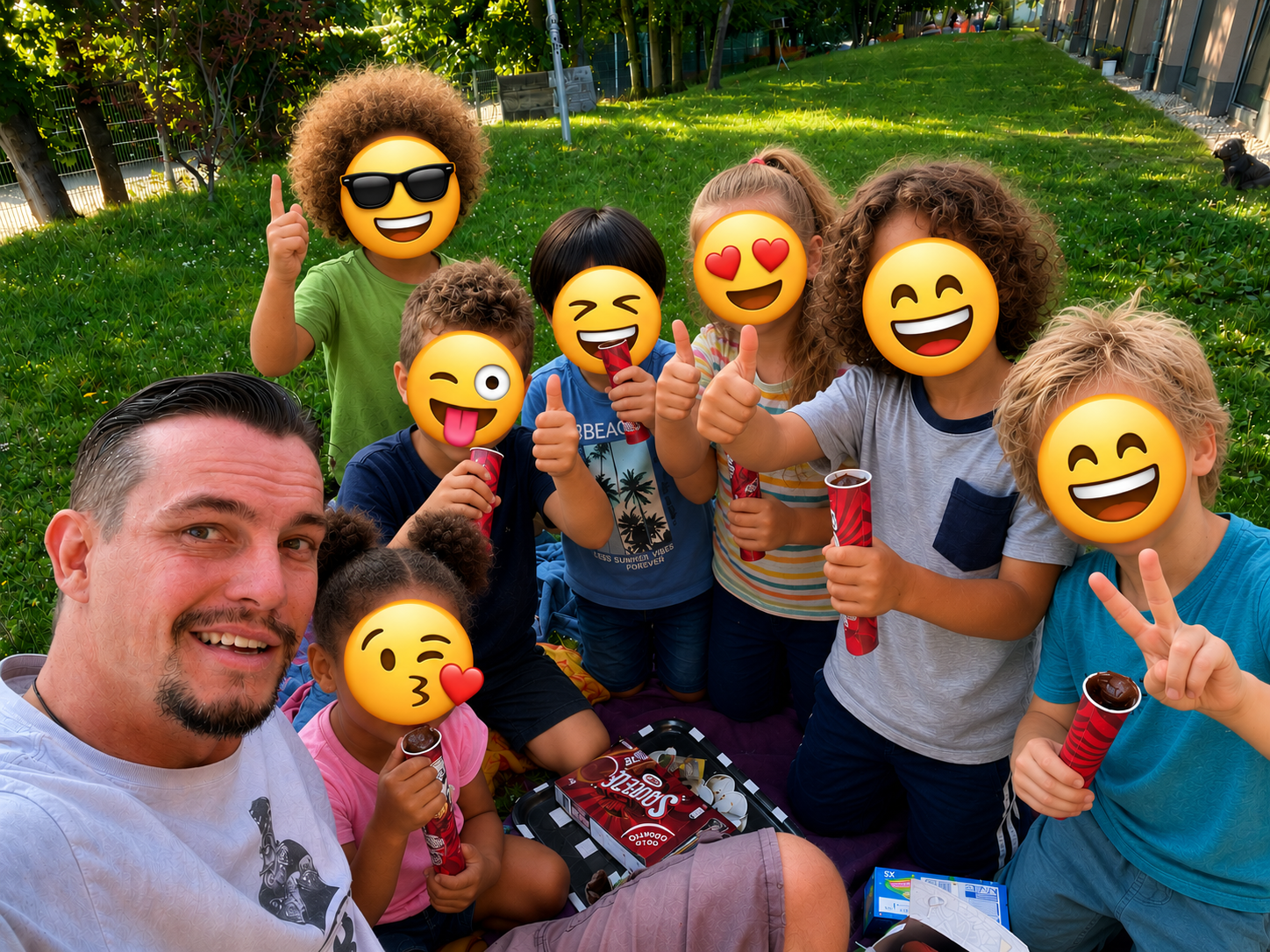Marcus Heinzig mit Kindergruppe im Kita-Garten der Kleinen Füchse