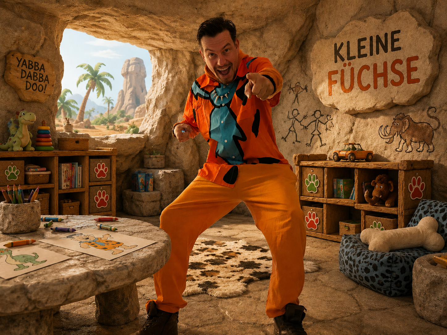 Marcus Heinzig als Fred Feuerstein verkleidet in der Kita Kleine Füchse